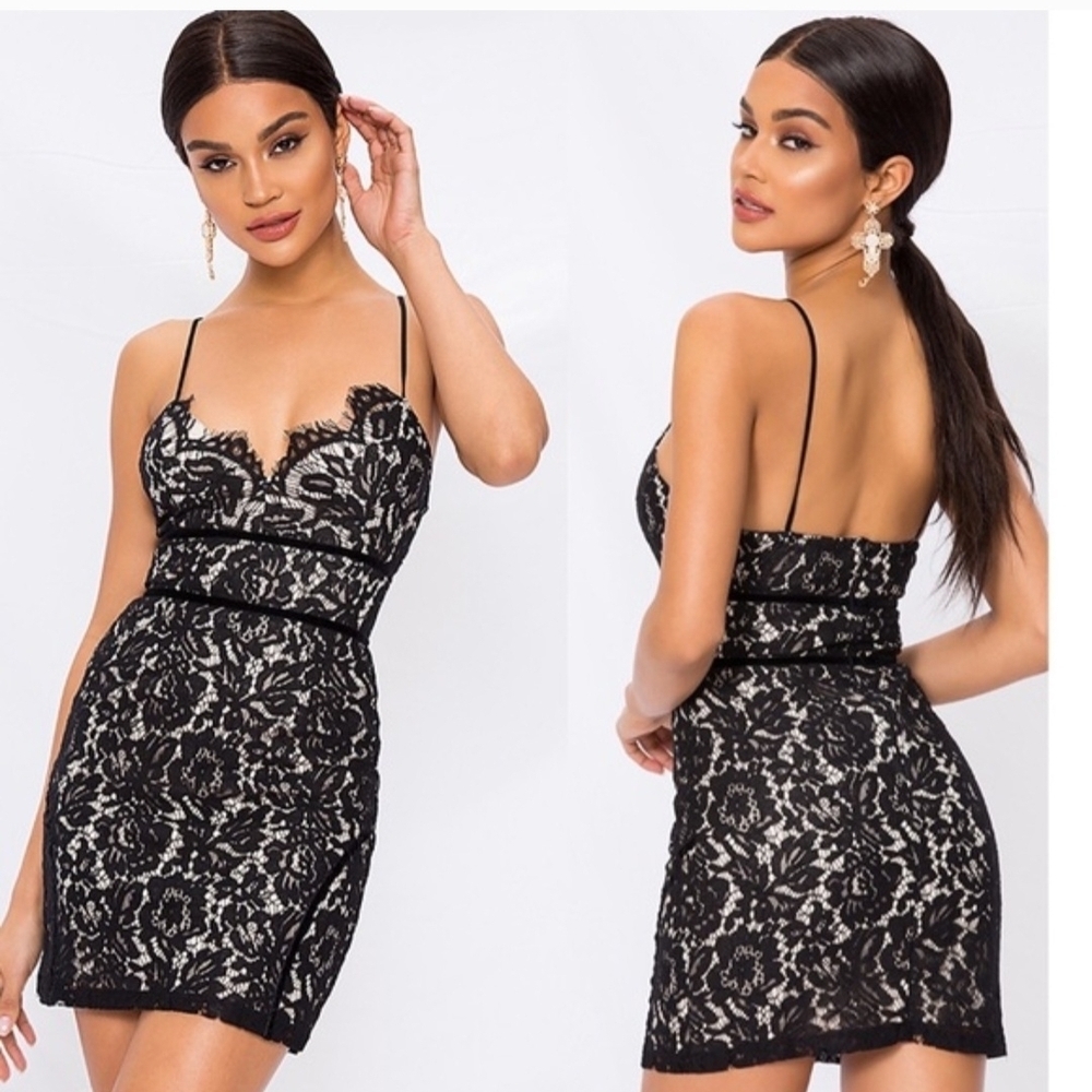 Revolve Super Down Aria Lace Bodycon Velvet Trim Detailed Black Mini Dress Sz XS